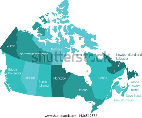 Map of Canada divided into 10 provinces and\
3 territories. Administrative regions of Canada with labels. Vector\
illustration.