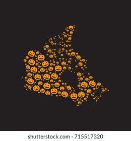 map of canada filled with halloween pumpkin heads of different sizes on a black background