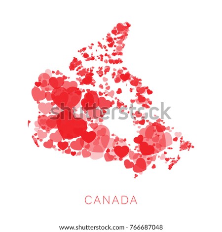 map of canada filled with mosaic of hearts of different sizes and degrees of transparency on white background