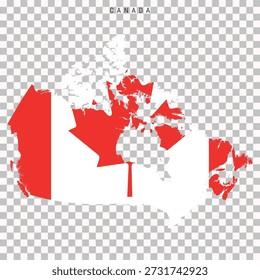 Mapa do Canadá cheio de cores de bandeira nacional, isolado em fundo transparente, silhueta geográfica simbolizando identidade nacional.