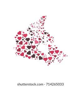 map of canada filled with silhouettes of hearts of different sizes and colors isolated on a white background