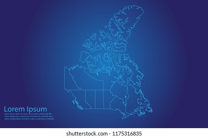 Map of canada - With glowing point and lines scales on the dark gradient background. canada map with country borders, thin Blue outline on Dark background.