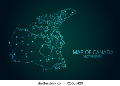 Map of Canada - With glowing point and lines scales on the dark gradient background, 3D mesh polygonal network connections.Vector illustration eps 10.