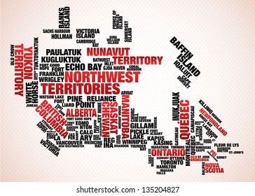 Map of Canada made up of text.