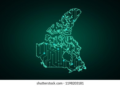 Map of Canada, network line, design sphere, dot and structure on dark background with Map Canada, Circuit board. Vector illustration. Eps 10