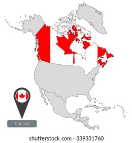 Map of Canada with an official flag. Location in North America