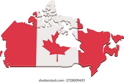 Map of Canada painted with the national flag colors. Perspective view of the country's borders. (cut out)
