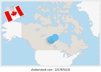 Map of Canada with a pinned blue pin. Pinned flag of Canada, vector illustration.