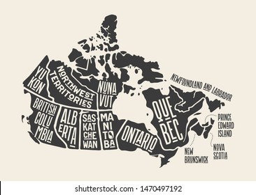 Map Canada. Poster map of provinces and territories of Canada. Black and white print map of Canada for t-shirt, poster or geographic themes. Hand-drawn black map with provinces. Vector Illustration