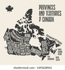 Map Canada. Poster map of provinces and territories of Canada. Black and white print map of Canada for t-shirt, poster or geographic themes. Hand-drawn black map with provinces. Vector Illustration