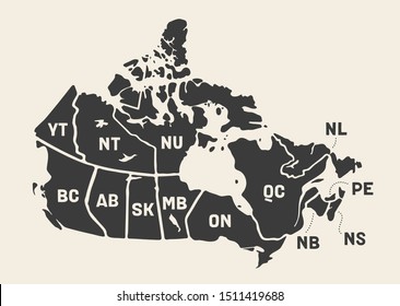 Map Canada. Poster map of provinces and territories of Canada. Black and white print map of Canada for t-shirt, poster or geographic themes. Hand-drawn black map with provinces. Vector Illustration