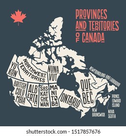 Map Canada. Poster map of provinces and territories of Canada. Black and white print map of Canada for t-shirt, poster or geographic themes. Hand-drawn black map with provinces. Vector Illustration