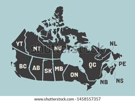 Map Canada. Poster map of provinces and territories of Canada. Black and white print map of Canada for t-shirt, poster or geographic themes. Hand-drawn black map with provinces. Vector Illustration