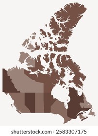 Map of Canada with provinces. Just a simple country border map with province division. Brown color palette. Plain Canada shape with administrative division. Vector illustration.