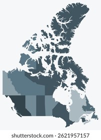 Mapa do Canadá com províncias. Apenas um simples mapa de fronteira do país com divisão de província. Paleta de cores cinza azul. Forma plana do Canadá com divisão administrativa. Ilustração vetorial.