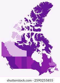 Map of Canada with provinces. A simple country border map with provincial divisions in a purple color palette. Vector illustration.