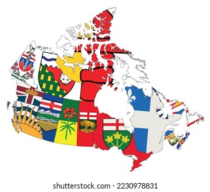 The map of Canada with provincial flags isolated on white background. Vector illustration 