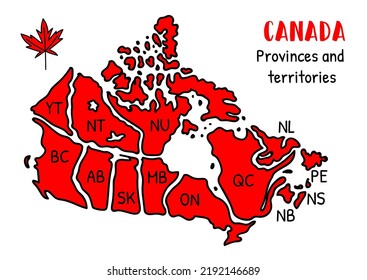 Map of Canada. Red and white print of Canada map for t-shirts, posters or geographic themes. Poster map of provinces and territories of Canada. Vector Illustrated map of Canada. Travel. Cartography