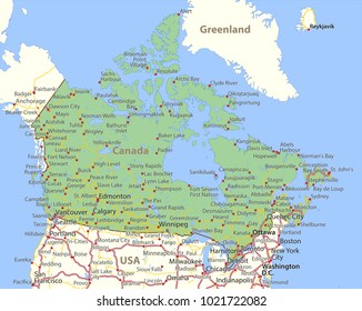 Map of Canada. Shows country borders, place names and roads. Labels in English where possible.
Projection: Lambert Conformal Conic.