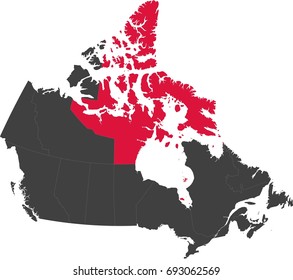 Map of Canada split into individual provinces. Highlighted province of Nunavut.