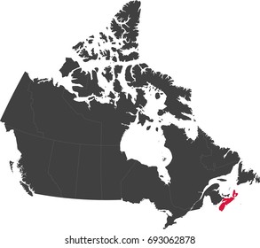 Map of Canada split into individual provinces. Highlighted province of Nova Scotia.