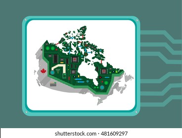 Map of Canada with technology pc board and electronic gadgets. Editable Clip Art.