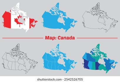 Karte von Kanada, Vektorgrafik. Karte der kanadischen Regionen Gefüllte und umrissene Version.