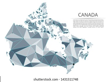 Map of Canada. Vector low-poly image of a global map with lights in the form of a population density of cities consisting of figures, lines and space. Easy to edit