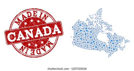 Map of Canada vector mosaic and Made In grunge stamp. Map of Canada composed with blue wheel links. Made in red seal with distress rubber texture.