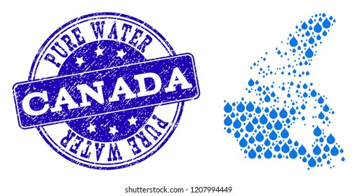 Map of Canada vector mosaic and Pure Water grunge stamp. Map of Canada formed with blue water raindrops. Seal with grunge rubber texture for clear drinking water.