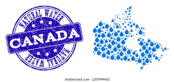 Map of Canada vector mosaic and Pure Water grunge stamp. Map of Canada formed with blue water tears. Seal with unclean rubber texture for pure drinking water.