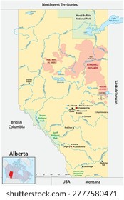 Map of the Canadian province of Alberta showing the three oil sands deposits