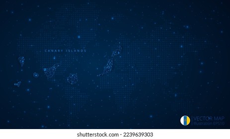 Map of Canary Islands modern design with polygonal shapes on dark blue background. Business wireframe mesh spheres from flying debris. Blue structure style vector illustration concept.