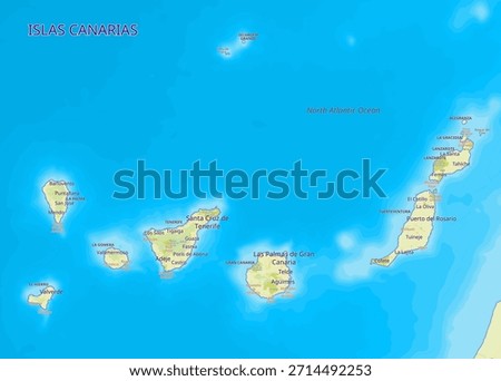 Map of the Canary Islands in the North Atlantic Ocean. The islands are surrounded by a light blue sea. The names of the islands and some cities are labeled on the map. 