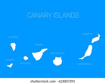 Map of Canary Islands, Spain, with labels of each island - El Hierro, La Palma, La Gomera, Tenerife, Gran Canaria, Fuerteventura and Lanzarote. White vector silhouette on blue background.