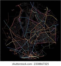Map of Cannock, West Midlands with all major and minor roads, railways and waterways. Colorful line art on black background.