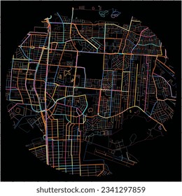 Map of Canoas with all major and minor roads, railways and waterways. Colorful line art on black background.