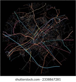 Map of Canterbury, South East England with all major and minor roads, railways and waterways. Colorful line art on black background.