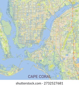 Mapa do Cabo Coral, Flórida, mostrando sua intrincada rede de canais, vias navegáveis e desenvolvimento urbano. O mapa apresenta uma paleta de cores claras com azul para corpos de água, verde para terra e vários tons de amarelo e laranja para estradas