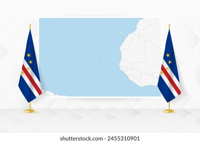 Map of Cape Verde and flags of Cape Verde on flag stand. Vector illustration for diplomacy meeting.