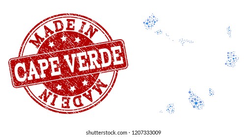 Map of Cape Verde Islands vector mosaic and Made In grunge stamp. Map of Cape Verde Islands composed with blue cog links. Made in red seal with grunge rubber texture.