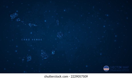 Map of Cape Verde modern design with polygonal shapes on dark blue background. Business wireframe mesh spheres from flying debris. Blue structure style vector illustration concept.