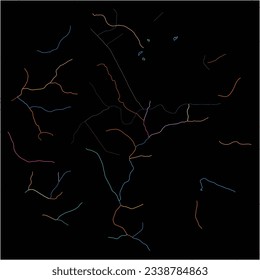 Map of CapeBreton, Nova Scotia with all major and minor roads, railways and waterways. Colorful line art on black background.