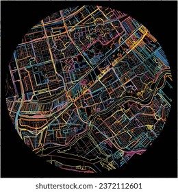 Map of CapelleaandenIJssel, South Holland with all major and minor roads, railways and waterways. Colorful line art on black background.