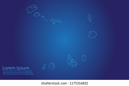 Map of capeVerde - With glowing point and lines scales on the dark gradient background. capeVerde map with country borders, thin Blue outline on Dark background.