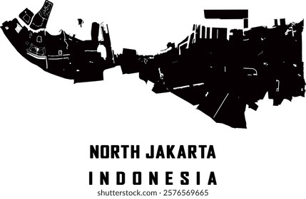 MAP OF THE CAPITAL CITY OF INDONESIA, JAKARTA. IN BLACK. JAKARTA UTARA  OR NORTH JAKARTA, INDONESIA VECTOR MAP. INCLUDING LAND AND RIVERS.