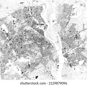 Map of the capital of Ukraine, Kiev. Buildings and city center. Aerial view. Roads and communication routes. 3d rendering. Access points to the city. Black and white. Satellite view