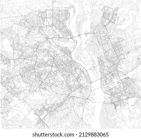 Map of the capital of Ukraine, Kiev. city center. Aerial view. Roads and communication routes. Access points to the city. Satellite view, black and white