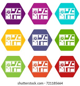 Map with car parking pointer icon set many color hexahedron isolated on white vector illustration