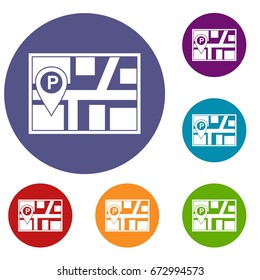 Map with car parking pointer icons set in flat circle reb, blue and green color for web